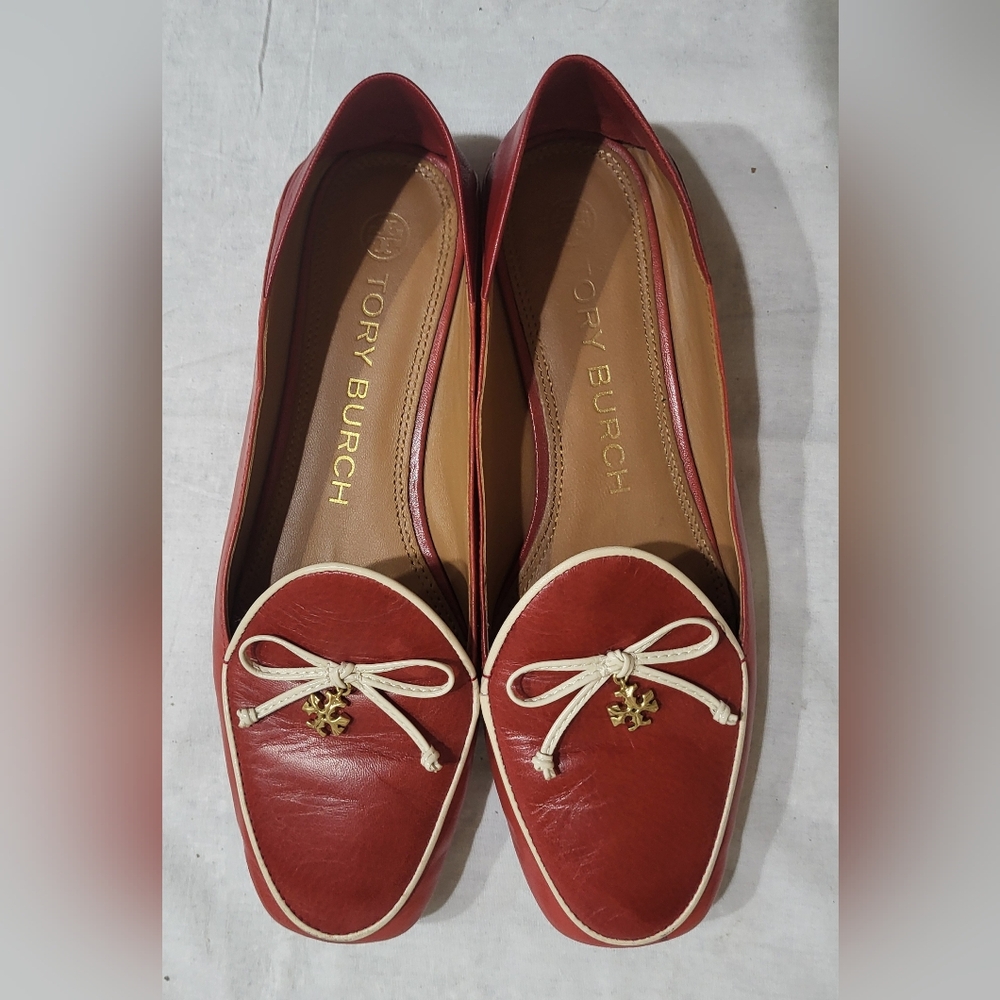 Tory Burch Charm Red and White Flats with Rounded Toe and Cream Bow
